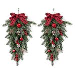 Algado 2Pack Christmas Teardrop Swags, 21.6inch Artificial Pine Swag with Bowknot, Red Berries and Pinecone, Winter Pine Needles Swag Greenery Cedar Swag for Xmas Table Door Decor(Green)