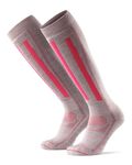 DANISH ENDURANCE Ski Socks, Merino Wool, Long Thermal Socks with Shin Padding, Warm Winter Socks for Snowboarding Walking Skiing, Men & Women, Light Grey/Pink, 3-5