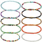 VEGCOO 10 Pcs Boho Anklets Bracelet, Handmade Beaded Anklet Bracelet Elastic Thread Glass Beads Anklet, Colourful Beads Foot Jewelry for Women Girls Ladies (10 Pcs)