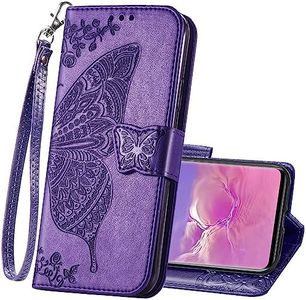 for Samsung Galaxy S10e Phone Case Wallet,Women Flip Folio PU Leather Protective Case Wrist Strap Card Slots Holder Pocket Emboss Butterfly Flower Stand Flip Case for Samsung Galaxy S10e Purple