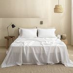 Simple&Opulence 100% Linen Basic Sheet Set 4 Pieces - Flat Sheet & Deep Pocket Fitted Sheet & Pillowcases - Breathable Soft Flax Bed Sheet (Queen, White)