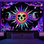 Jation Blacklight Sun and Moon Tapestry UV Reactive Burning Sun Skull Mushroom Tapestry Mystic Wall Hanging Poster Tapestry Art for Home Headboard Dorm Decor in 51x60 Inches