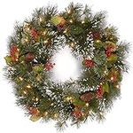 National Tree Company Pre-Lit Artificial Christmas Wreath, Green, Wintry Pine, White Lights, Decorated with Pine Cones, Berry Clusters, Frosted Branches, Christmas Collection, 24 Inches