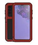 LOVE MEI for Samsung Galaxy S21 Plus Case, Heavy Duty Rugged Full Body Protection Case Military Bumper Aluminum Armor Metal Dustproof Shockproof Cover with Tempered Glass for Galaxy S21 Plus (Red)