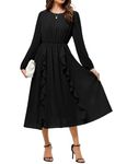 JASAMBAC Formal Midi Dresses for Women，Wedding Guest Dresses Semi Formal Dress Long Sleeves Elegant Chiffon Dresses Crew Neck A-Line Casual Dress Flowy Cotail Dreess Ruffles Evening Dresses Black