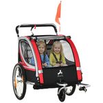 Aosom 2 Seat Bike Trailer for Kids 2-in-1 Double Baby Stroller with Handbrake, Rubber Wheels, 5 Point Harness, Waterproof Cover, Storage Bag, Reflectors, Red