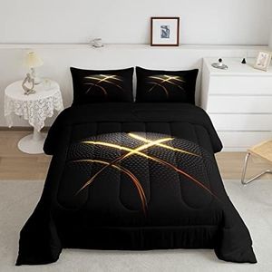 Manfei Basketball Comforter Set Queen Size, Gold Lines Print Quilt Set with 2 Pillowcases, Sports Gaming Theme Bedding Set 3pcs for Kids Boys Teens Bedroom Decor Lightweight Duvet Insert