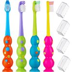 Kids Toothbrushes 4 Pack - Soft Contoured Bristles - Child Sized Brush Heads (3-10 Year Old) - Suction Cup for Fun & Easy Storage - Assorted Set (Blue, Orange, Pink, Yellow, Purple, Green)