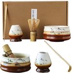 U-HOOME Matcha Whisk Set, 4pcs Japanese Tea Set,Matcha Whisk,Traditional Scoop, Matcha Bowl, Ceramic Whisk Holder,Traditional Matcha Tool Set for Matcha Tea Ceremony (Landscape)