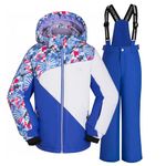 SMONTY Kids Snow Suit for Girls Winter Ski Jacket & Pants Set Hooded Straps Set Windproof Waterproof Warm (8-9 Years, Colorful White)