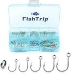 FishTrip 50pcs Inline Fishing Hooks for Treble Hook Replacement, in-Line Single Forged Eyed Hooks with Split Rings for Lures Plugs Saltwater Freshwater