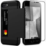 Nvollnoe for iPhone SE 2022 Case with Card Holder and Screen Protector Heavy Duty Protective Dual Layer Shockproof Hidden Card Slot Wallet Case for iPhone SE 3&2/7/8(Black)