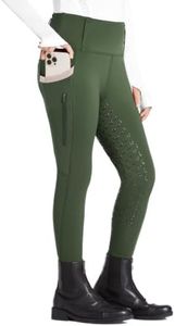 FitsT4 Sports Girls Full Seat Riding Tights High Waist Kids Equestrian Breeches Horse Schooling Pants Zipper Pockets Army Green Size L
