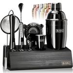 BARE BARREL® Cocktail Making Kit | 14-Piece Bartender Kit Cocktail Shaker Set Maker | Bamboo Display Stand & 35 Recipe Cards | Mixology Cocktail Gift Set (675ml/24oz Cobbler Shaker, Jet Black/Black)