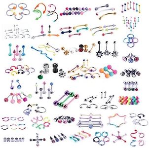 BodyJ4You 120PC Body Piercing Jewelry Lot - Ear Tragus Cartilage Daith Nose Septum Lip Belly Button - 14G 16G 18G RANDOM Mix - Horseshoes Rings Barbells Studs Industrial - Unisex Male Female