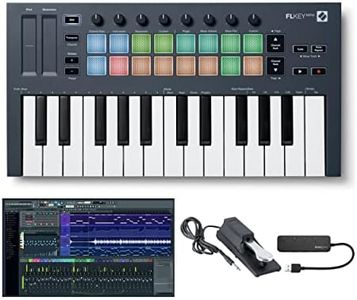 Novation FLkey Mini 25-Key MIDI Keyboard Controller for FL Studio Bundle with 20 Fruity Edition Software (Boxed), Keyboard Piano Style Sustain Pedal (Black) and 4-Port USB 3.0 Hub (4 Items)