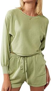 Flygo Lougewear for Women 2 Piece Knitted Jogging Suits Long Sleeve Pajamas Shorts Sweatsuit Sets(LightGreen-S)