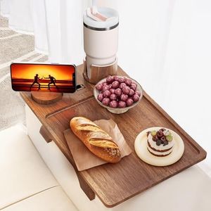 Couch Arm Tray Acacia Wood, 3 in 1 Sofa Armrest Clip Tray, Sofa Arm Table with 360°Rotating Cup Holder & Phone Stand, Recliner Couch Arm Tray for Small Space/Living Room/Family Room