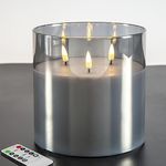 Eywamage 3 Wick Large Flameless Candles in Silver Grey Glass, Flickering LED Battery Pillar Candle with Remote Φ 6" H 6"