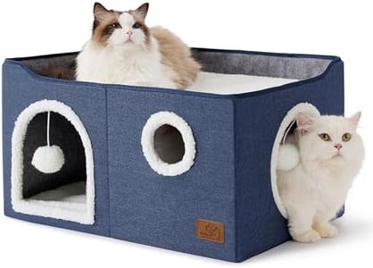 Bedsure Extra-Wide Cat House for Indoor Cats - Large Cat Cave for Pet Cat House with Fluffy Ball Hanging and Scratch Pad, Foldable Cat Hideaway for Multi Cats, 23.6x16.9x13 inches, Blue