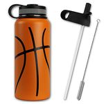 Urbanifi Water Bottle Basketball Tumbler 32 oz Gift for Mom Men Flask Sports Travel Waterbottle, Stainless Steel, Vacuum Insulated, Water Cold for 24, Hot for 12 hours (Basketball Straw Lid)