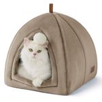 Bedsure Cat Cave Bed Indoor - Flannel Hooded Cat Igloo House, 40x40x40cm Enclosed Foldable Pet Bed with Removable Washable Cushion Pillow, Camel