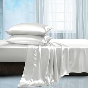 Manyshofu Satin Queen Sheets Set 4 Piece - Soft Silky Satin Sheets Set, Ivory White Satin Bed Sheets Cooling & Luxury Bedding Sheet Set(1 Satin Fitted Sheet, 1 Satin Flat Sheet, 2 Satin Pillow Cases)