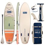 ISLE Pioneer Inflatable Stand Up Paddle Board, Incl. Coil Leash, Touring Center Fin, Backpack, Hand pump, Paddle - Beginner friendly SUP - 10.6x34x6 in -max. 285 lbs - California Design -Seafoam/Peach