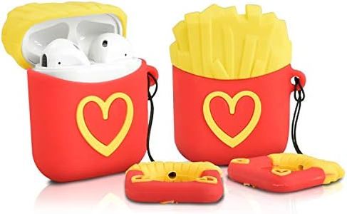 Newseego Coque en Silicone Protecteur pour Airpods 1&2, Boite Airpods Housse Étui Douce en Silicone, Housse de Protection Mignon Souple Airpod avec Porte-clés - Pommes Frites