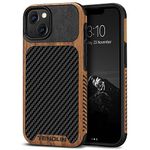 TENDLIN Compatible with iPhone 13 Case Wood Grain with Carbon Fiber Texture Design Leather Hybrid Case Compatible for iPhone 13 6.1-inch Released in 2021