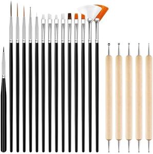 Hanyousheng 20 Pièces Pinceau Nail Art Ongles, 15 Pcs Noir Pinceaux à Ongles, 5 Pcs Nail Dotting Pen pour DIY Nail Art Designs