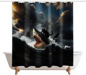 XMWYTJ Funny Black Cat Shower Curtains Abstract Quirky Cat and Shark Barn Door Decor Polyester Fabric Waterproof Bathroom Curtains Set with 12 Hooks,71 X 71 Inches