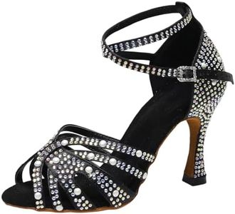 BREXLI Women’s Rhinestone Salsa Latin Dance Shoes Pearl Ballroom Satin Dance Shoe Bachata Practice Dancing Shoes Black US5