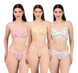 DFEET Women Printed Lingerie Set | Full Coverage, Seamless, Non-Padded, Non-Wired Bra & Panty | Nylon-Cotton Blend with Detachable Straps | Multicolor | Size 34, B-Cup|Pack of 3 Multicolour