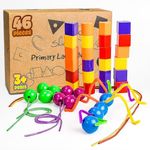 Skoolzy Rainbow Stringing Beads for Toddlers 46 Pcs Set - 5 pk - Stringing Beads - String Beads with Strings, Pipe Cleaners and Bag - Montessori Toys Occupational Therapy for Preschool