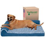 Furhaven Cooling Gel Dog Bed for Large/Medium Dogs w/Removable Bolsters & Washable Cover, for Dogs Up to 55 lbs - Two-Tone Plush Faux Fur & Suede L Shaped Chaise - Marine Blue, Large