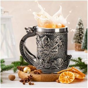 ZENFUN Noric Ship Dragon Beer Mug, 18/8Stainless Steel Drinking Tankard, 17 OZ Wine Coffee Cup, Norse Mythology Poetic Decor Beer Mug, Father's Day Great Gift for Men