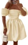 Short Beige Homecoming Dresses Off Shoulder A Line Pleated Satin HOCO Dress for Teens 2024 US10