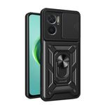 KrKis Back Case for Redmi Note 11 Prime with Slide Camera Cover | Heavy Duty Military Grade 360° Protection | Build-in Ring Kickstand Shockproof Mobile Phone Bumper Case (Black)