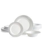 MATANA 192 Pcs White Plastic Tableware Set with Silver Border - 64 Dinner Plates, 64 Side Plates, 64 Bowls - Elegant & Reusable Dinnerware for Parties, Wedding, Birthday, Picnic