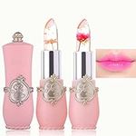 WENJLYJ 2PCS Crystal Flower Jelly Lipstick,Clear Lipstick with Flower Inside Magic PH Temperature Color Changing Lipstick Tinted Lip Balm,Long Lasting Waterproof Moisturizing Lip Gloss Set(01+02)