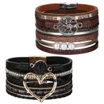 Diamday 2Pcs Multilayer Leather Bracelet Set for Women Girls Bohemian Wrap Bracelet Heart Wrist Cuff Rhinenstone Bangles Wristband Jewelry Gift with Magnetic Clasp Grey Black