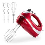 VonShef Hand Mixer Electric Whisk – Food Mixer for Baking with 5 Speeds, 300W, 2 Stainless Steel Beaters, 2 Dough Hooks & Balloon Whisk, Easy Clean, Turbo Boost, Eject Button, Compact – Red