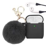 For Apple Airpod Case, Personally Yourz Airpods Case Cover For Airpods 2&1 Cute AirPods Silicone Protective Case Cover With Keychain Fluffy Pompom With Straps Best Gift For Females (Dark Grey)