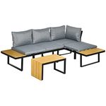 Outsunny 3 Pieces Patio Furniture Set, Outdoor Garden Sofa Conversation Set w/Padded Cushions, Wood Grain Plastic Top Table and Side Panel, Dark Grey