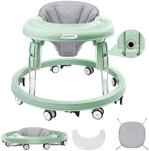 Uuoeebb Baby Walker with Wheels, One-Touch Folding Anti-Roll 8-Wheel Baby Walkers, 7-Speed Height Adjustment with Large Dinner Plate and Brake 6-18 Months Baby Walker, Green