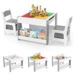 INFANS Kids Table and Chair Set, 4 in 1 Building Block Wooden Activity Desk with Reversible Tabletop Storage Drawers Bookshelves for Toddlers Art Craft Learning Reading Drawing Playroom (Grey)