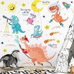 Pumkins Space Explorer Dinosaur Enjoying in Space with Sun Moon and Stars Wall Stickers for Kids Room Bedroom Door Wall Decoration for Baby Boy Girl Room Bedroom Nursery Playroom Decor