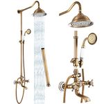 gotonovo Shower Fixture Faucet Set Complete Antique Brass Exposed Pipe Shower System 8 Rain Shower 2 Double Knobs Handle Triple Function Tub Spout Shower Combo Unit Set