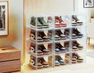 JECCICHY 12 Pack Clear Shoe Storage Boxes Stackable, Plastic Shoe Boxes with Lids, Sneaker Storage, Transparent, Thick Hard, Drop Front Door, Within US Size 13